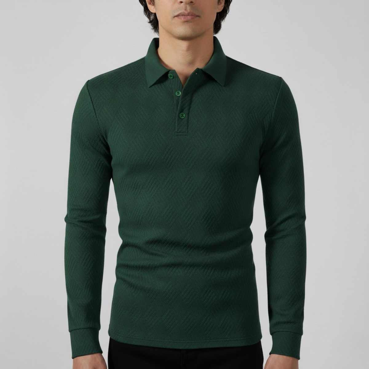 Męska teksturyzowana dopasowana długorękawowa koszulka polo