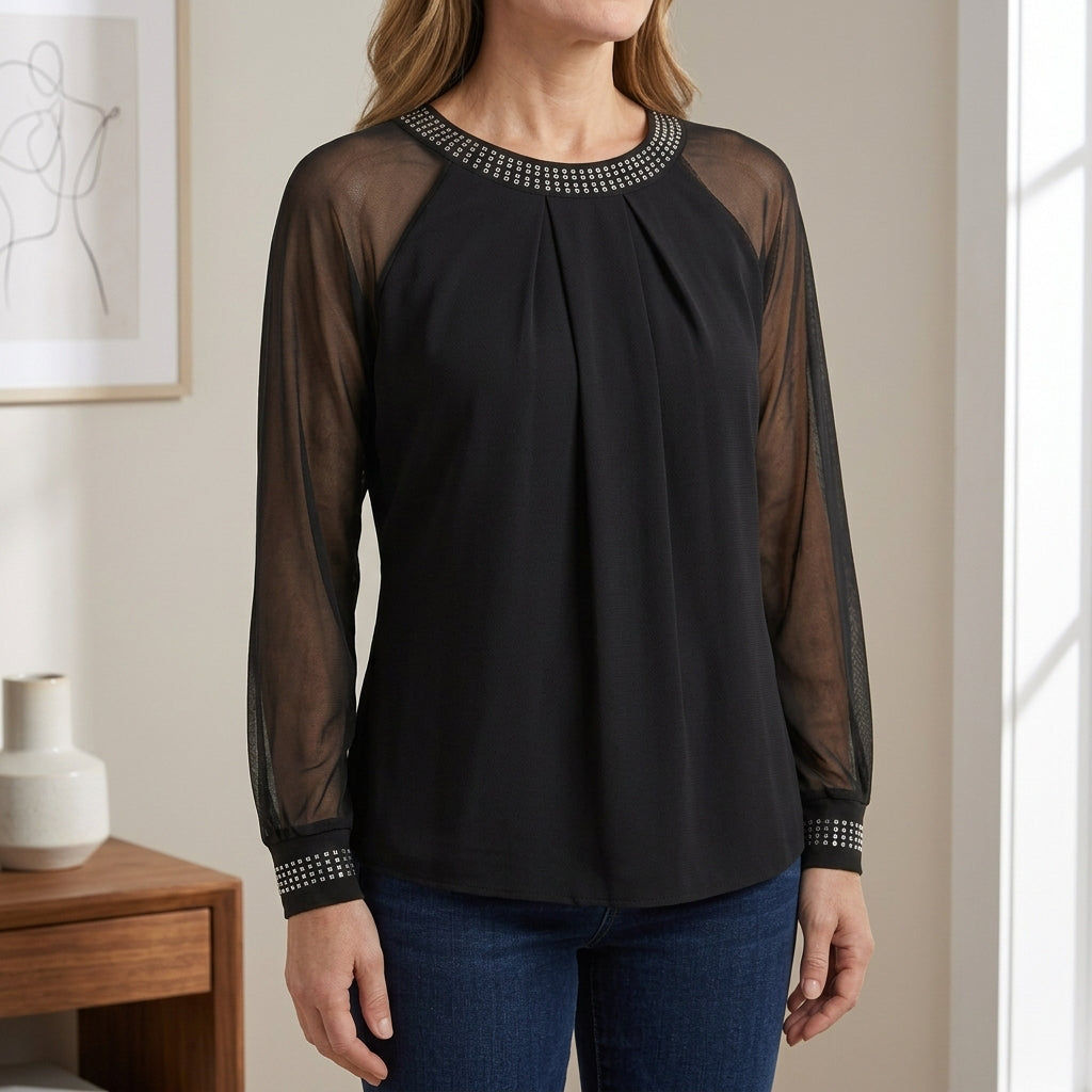 Women's Embellished Sheer Sleeve Blouse