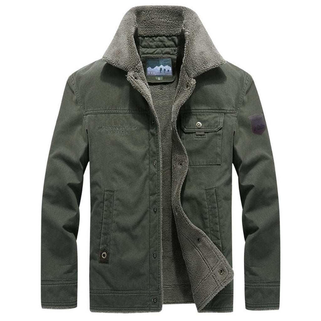 men's long sleeve button-up jacket in olive green