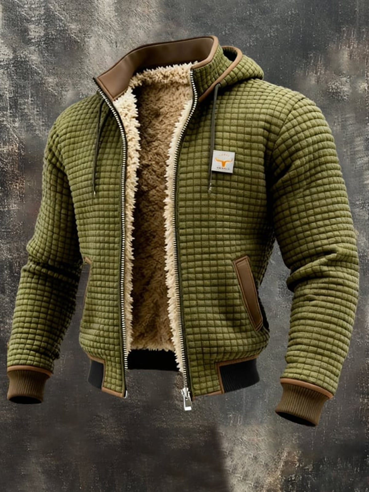 men's long sleeve quilted jacket with pockets in olive green