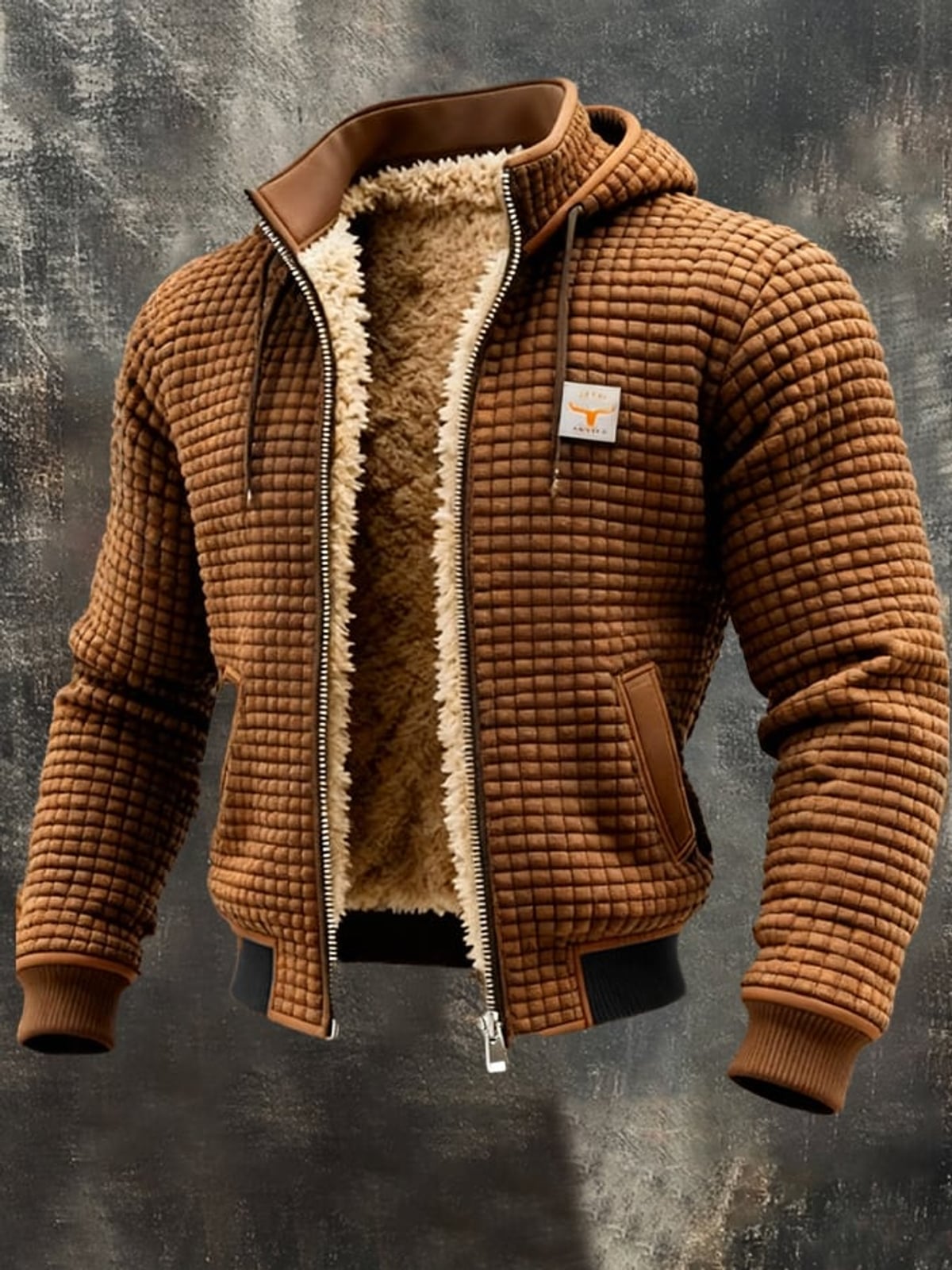 men's long sleeve quilted jacket with pockets in brown