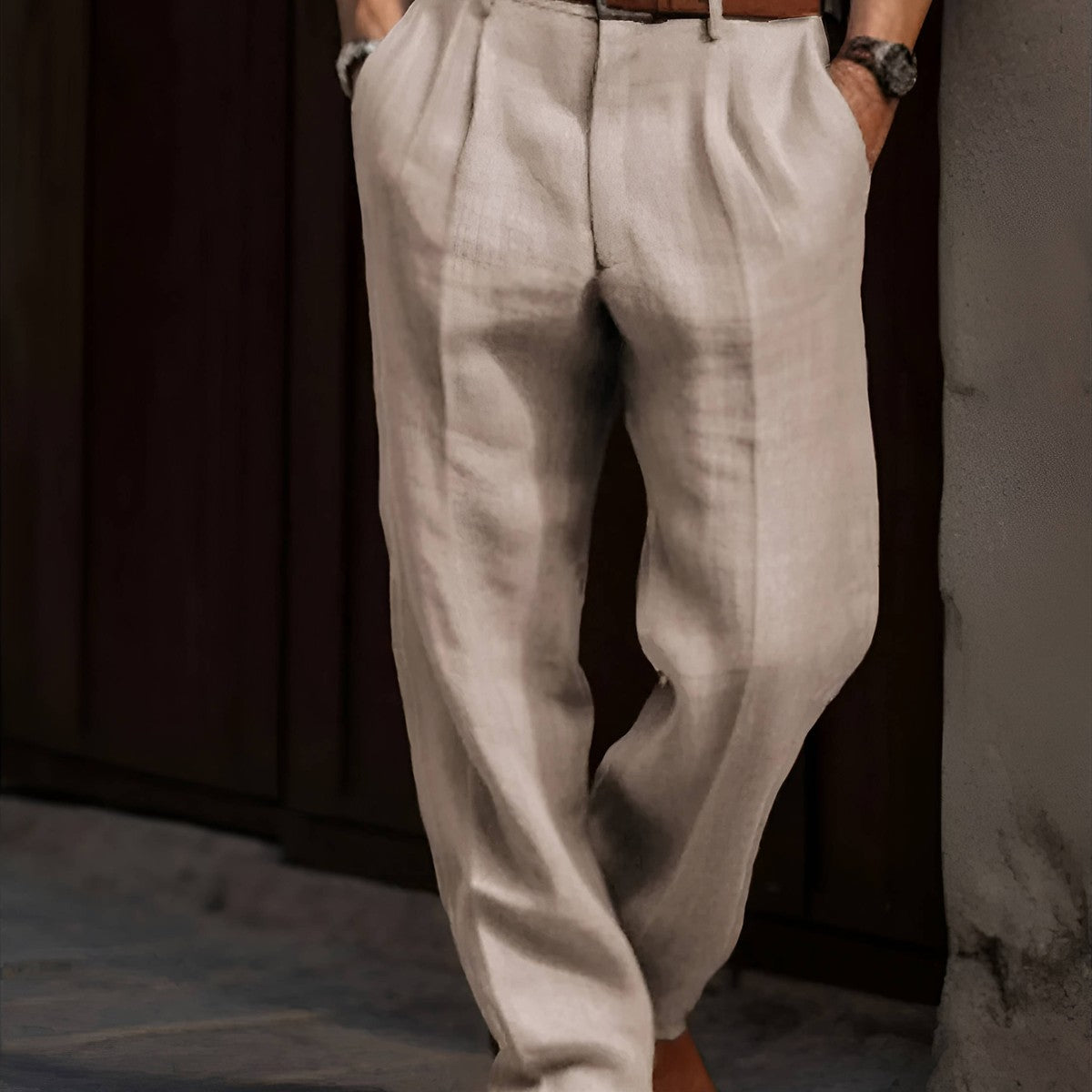 men's pleated relaxed fit trousers in beige