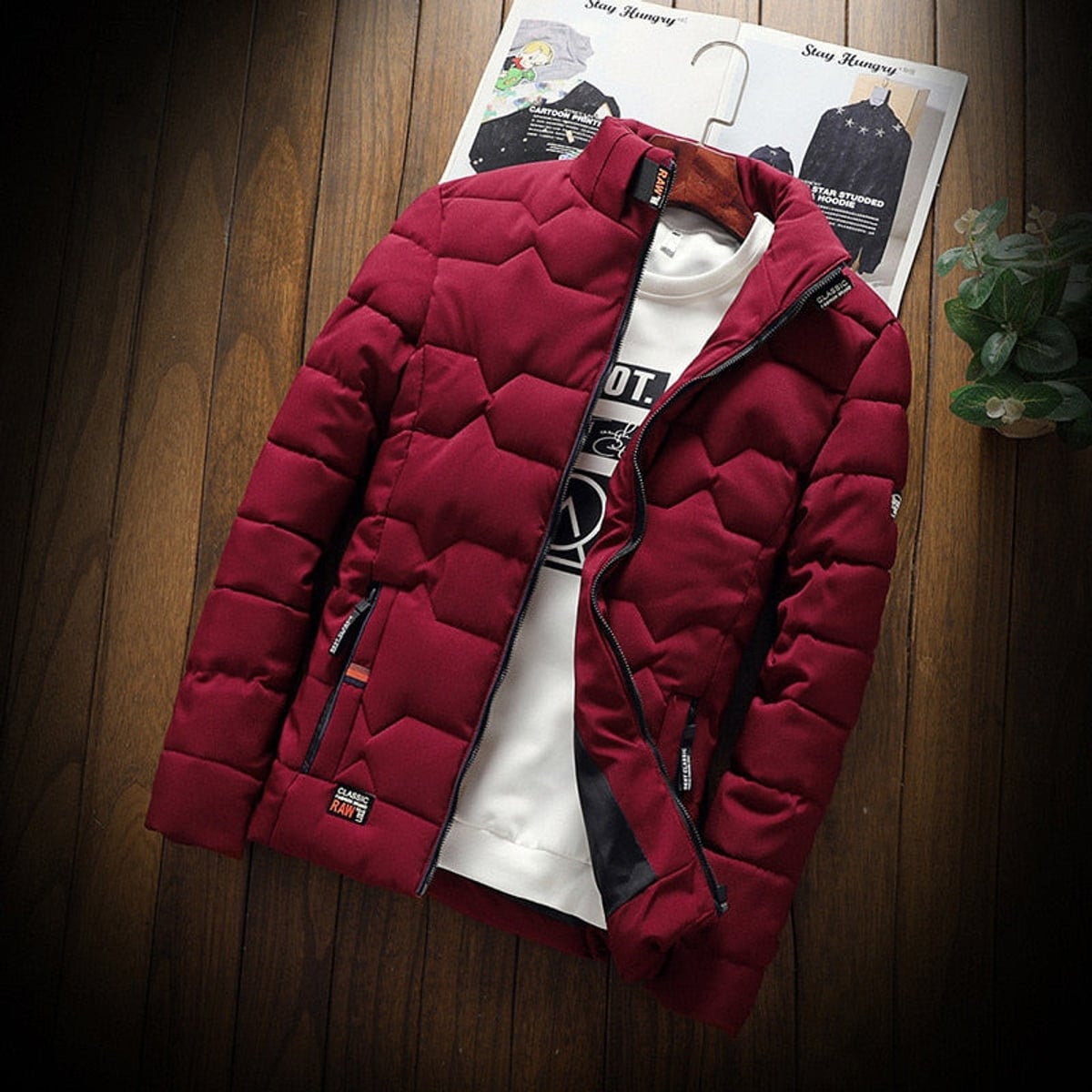 men's quilted zip-up jacket in red