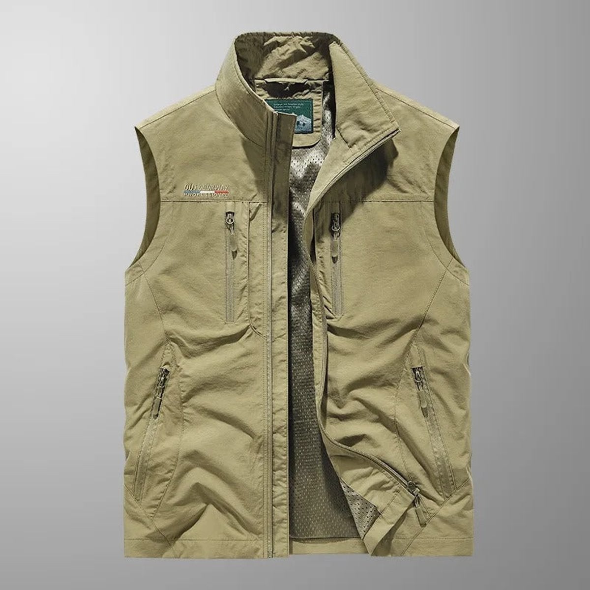 men's sleeveless multi-pocket cargo gilet in khaki