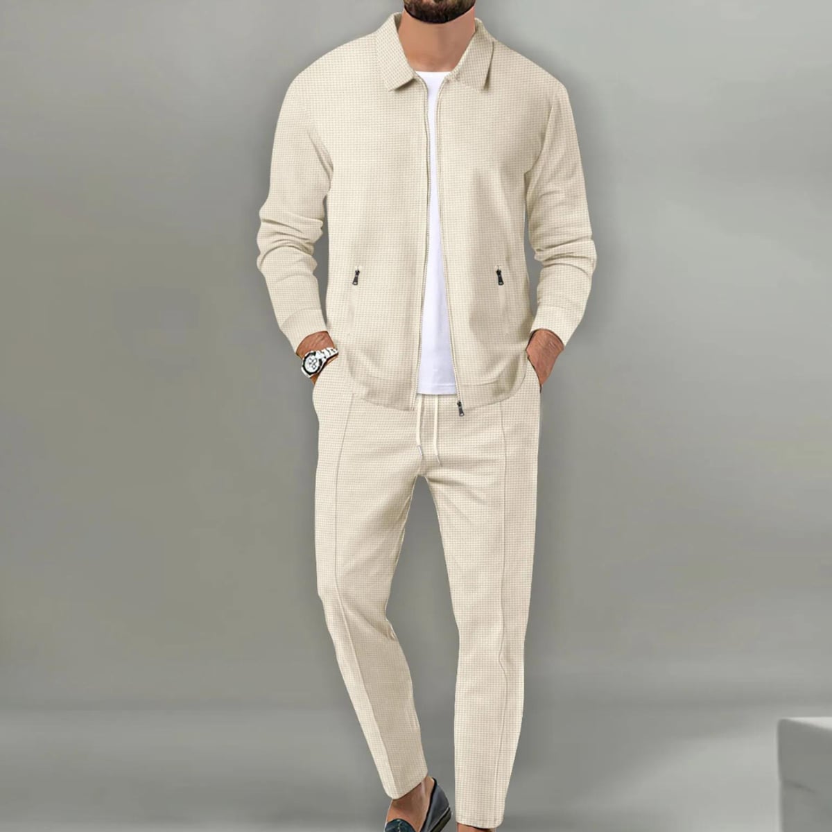 men's slim fit cardigan suit set in beige 