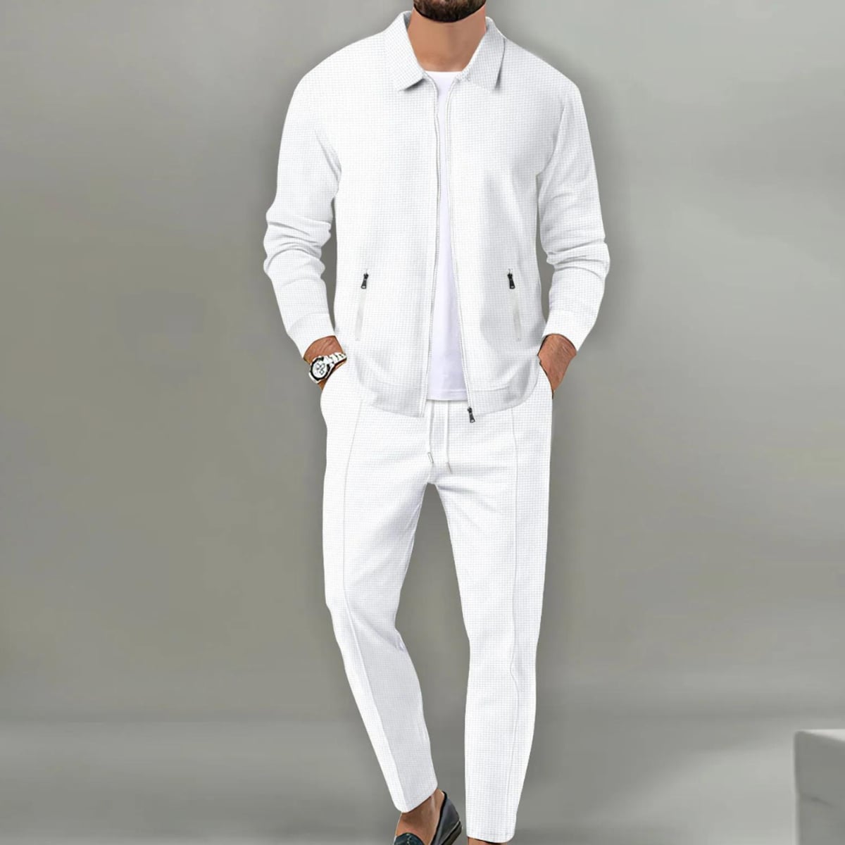 men's slim fit cardigan suit set in white