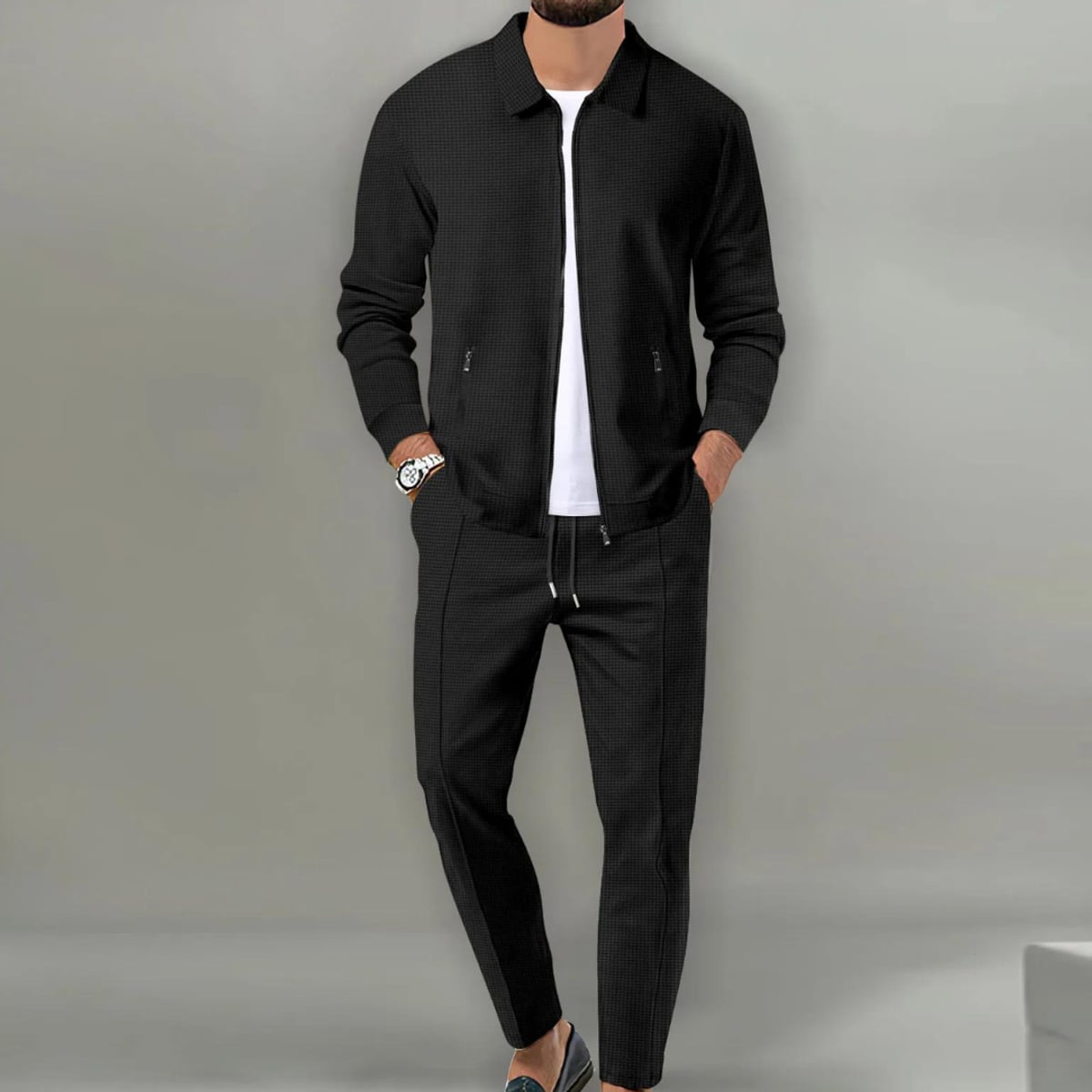 men's slim fit cardigan suit set in black 