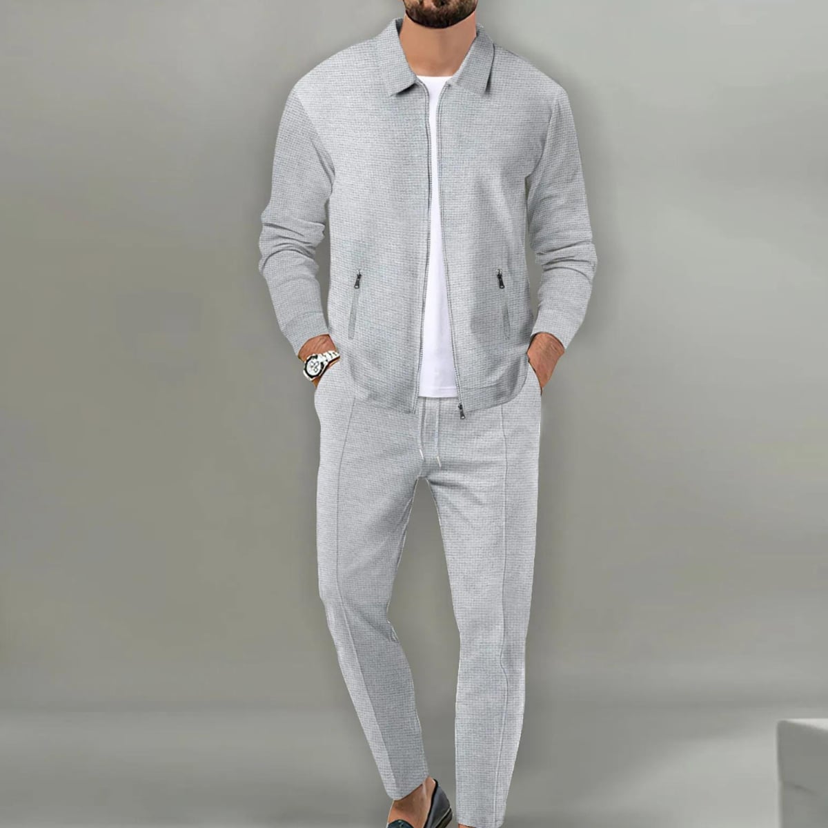 men's slim fit cardigan suit set in gray 