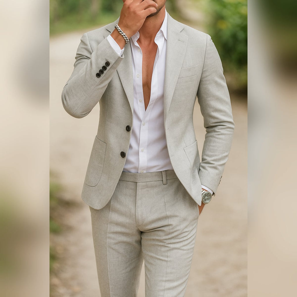 men's slim fit formal blazer and trouser set in light gray
