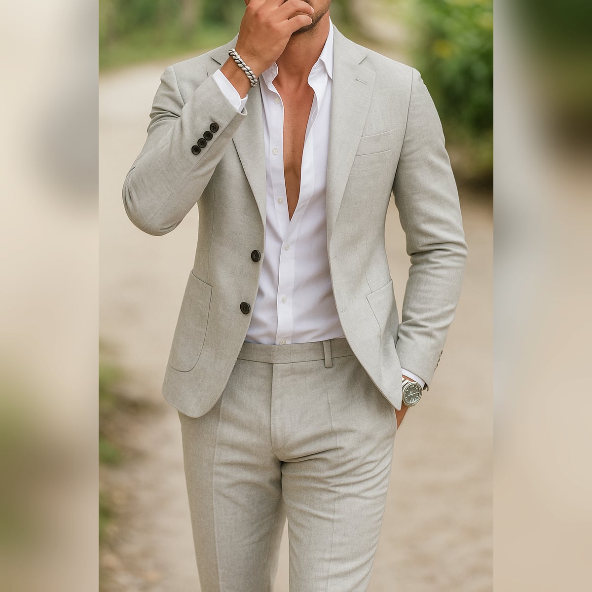 men's slim fit formal blazer and trouser set in light gray