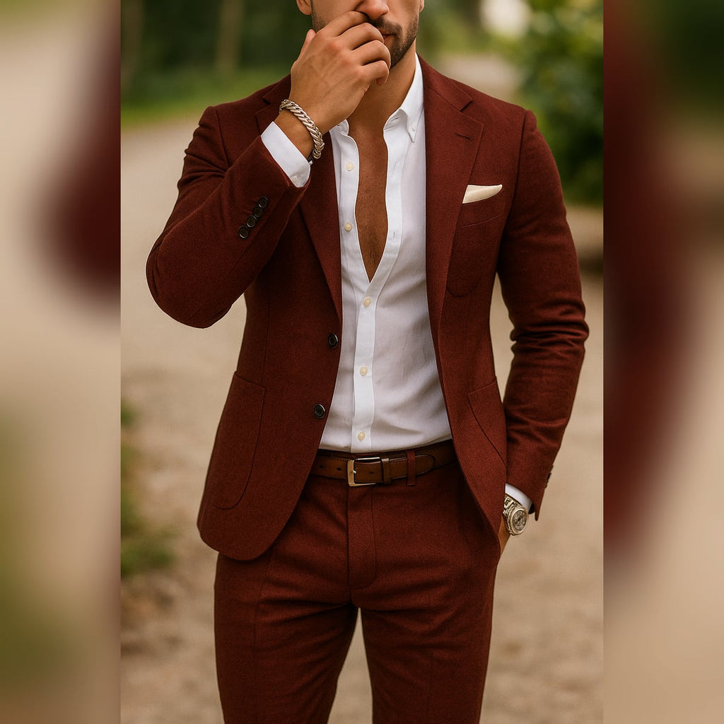 men's slim fit formal blazer and trouser set in wine red