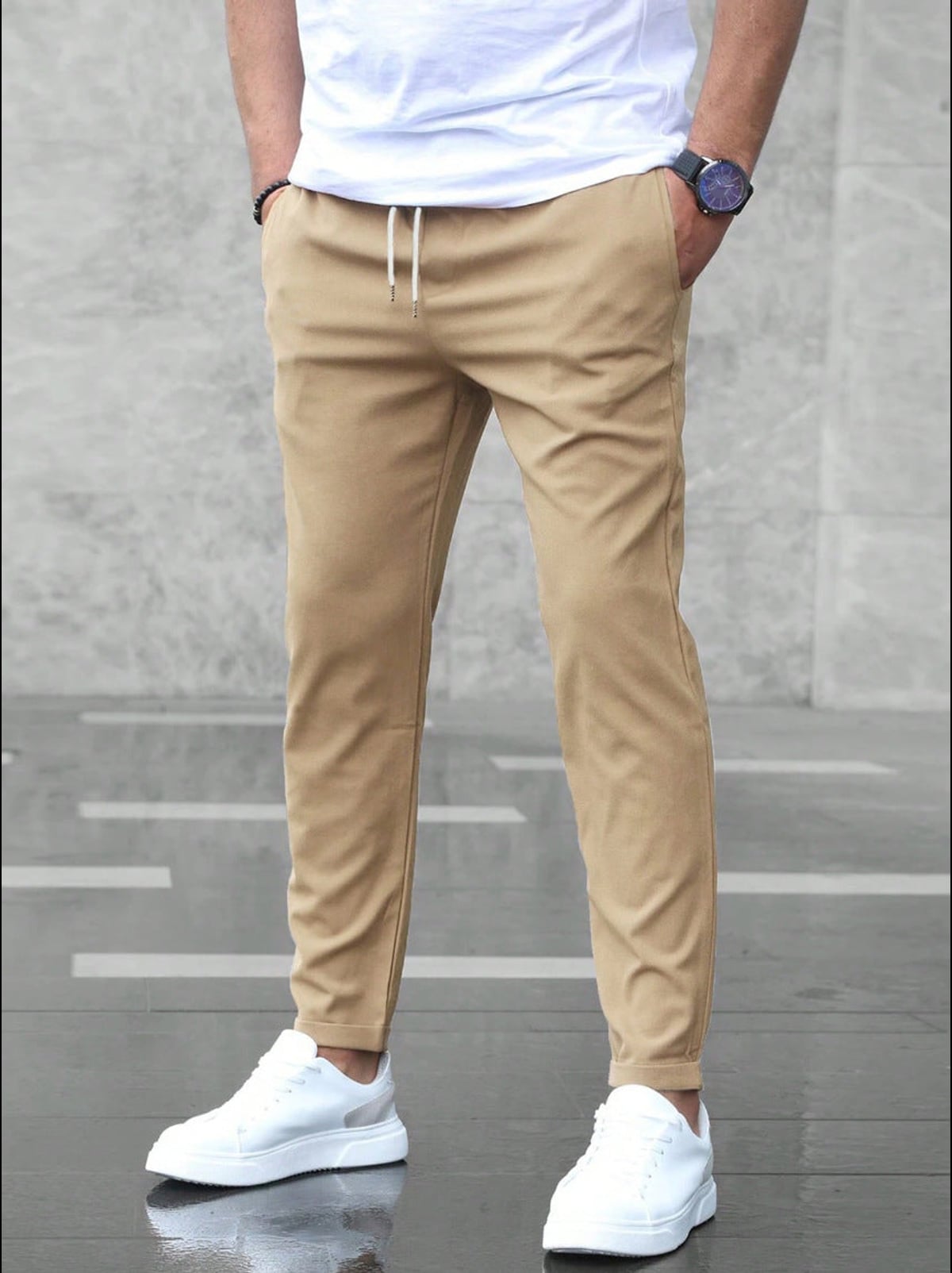 men's slim fit smart casual trousers in khaki
