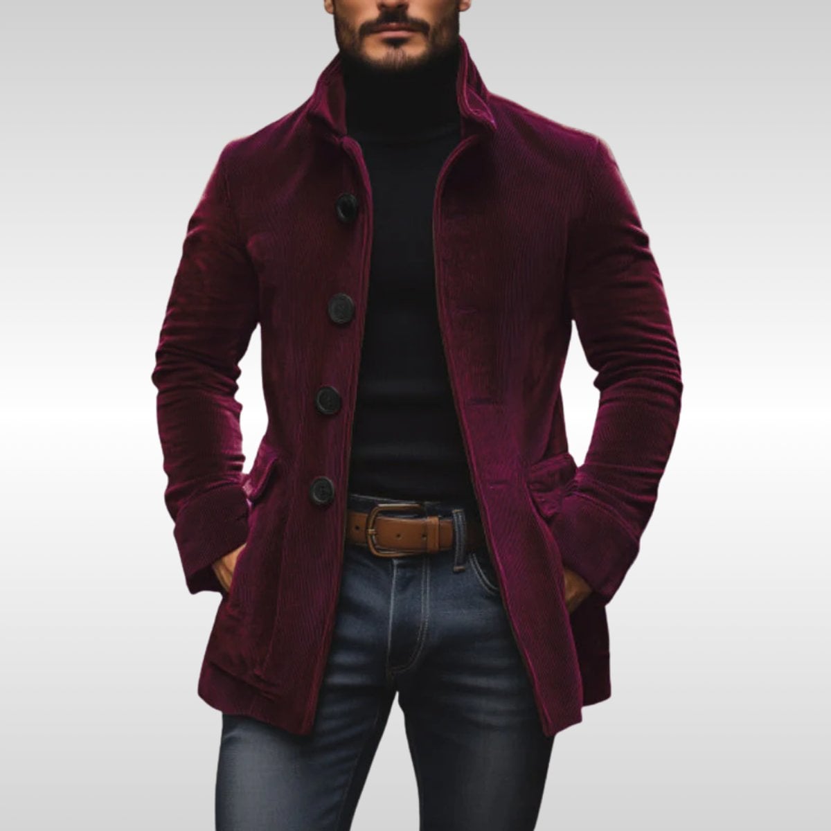 men's slim fit stand collar coat in burgundy