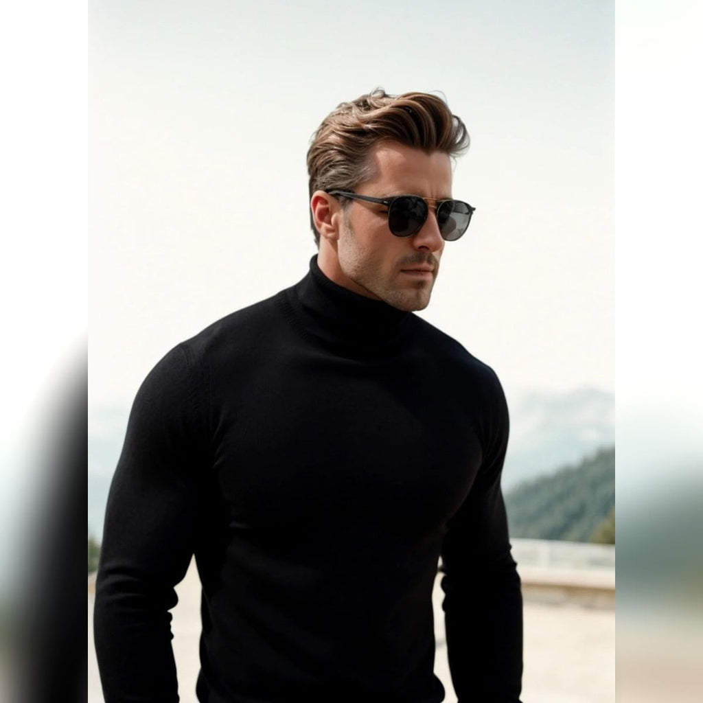 men's slim fit turtle neck jumper in black