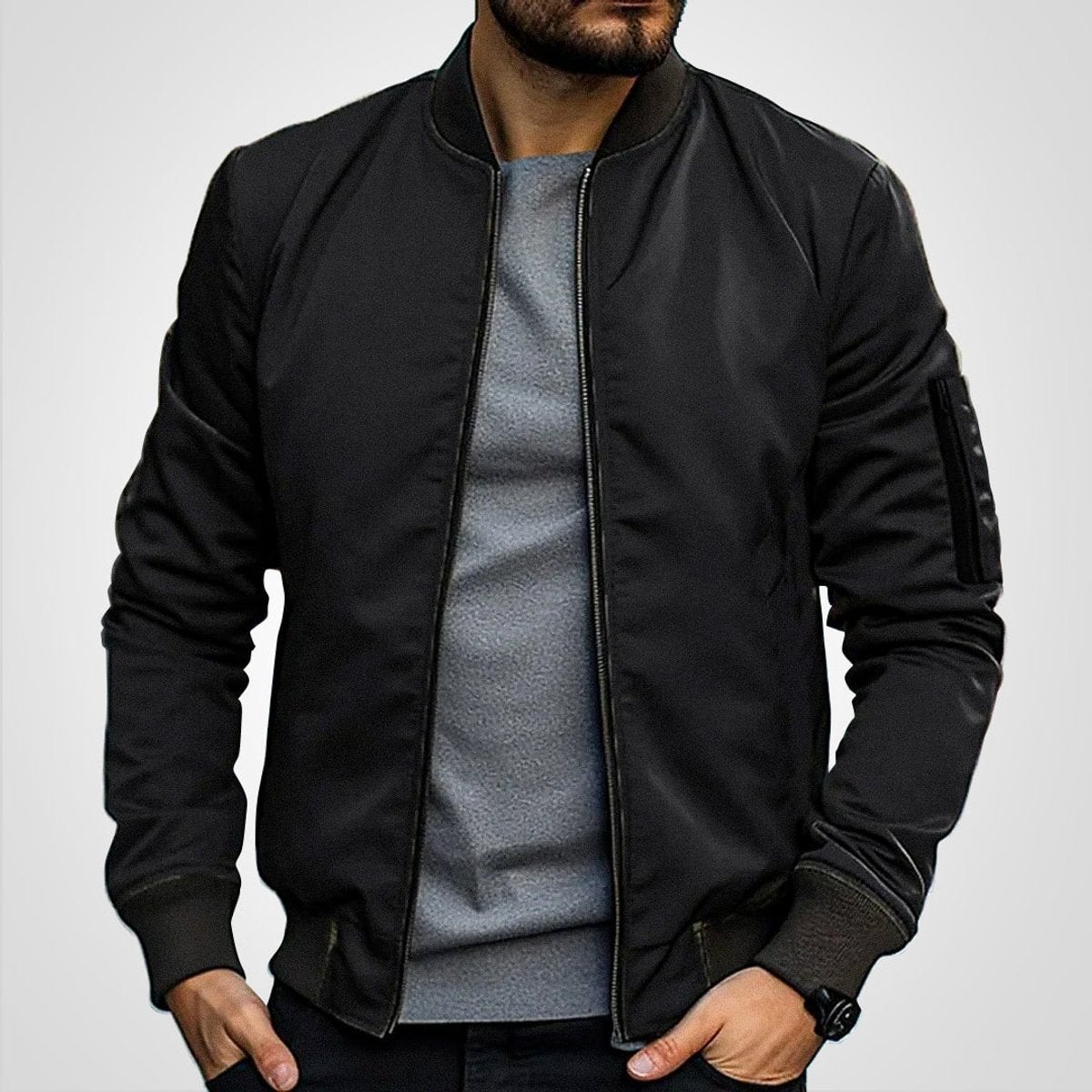 men's slim fit zip-up bomber jacket in black