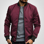 men's slim fit zip-up bomber jacket in burgundy