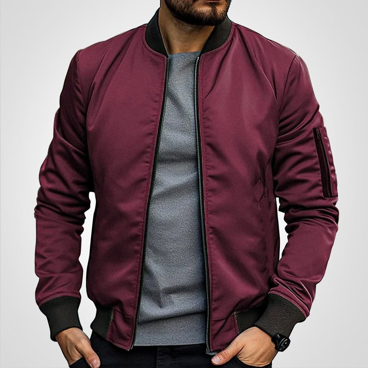men's slim fit zip-up bomber jacket in burgundy