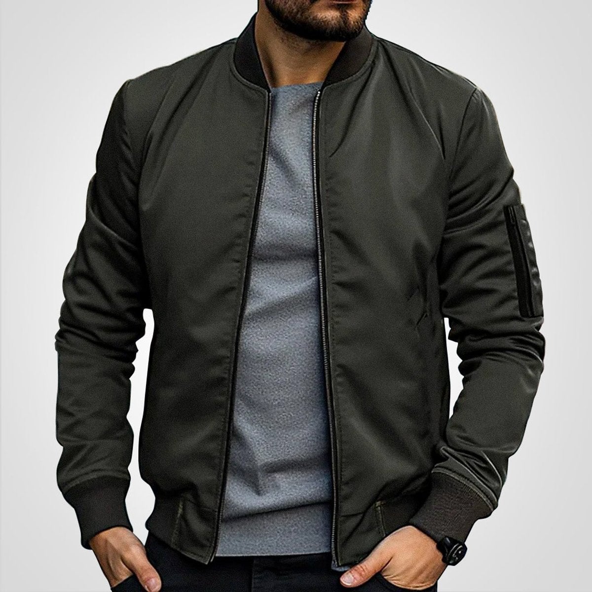 men's slim fit zip-up bomber jacket in olive green
