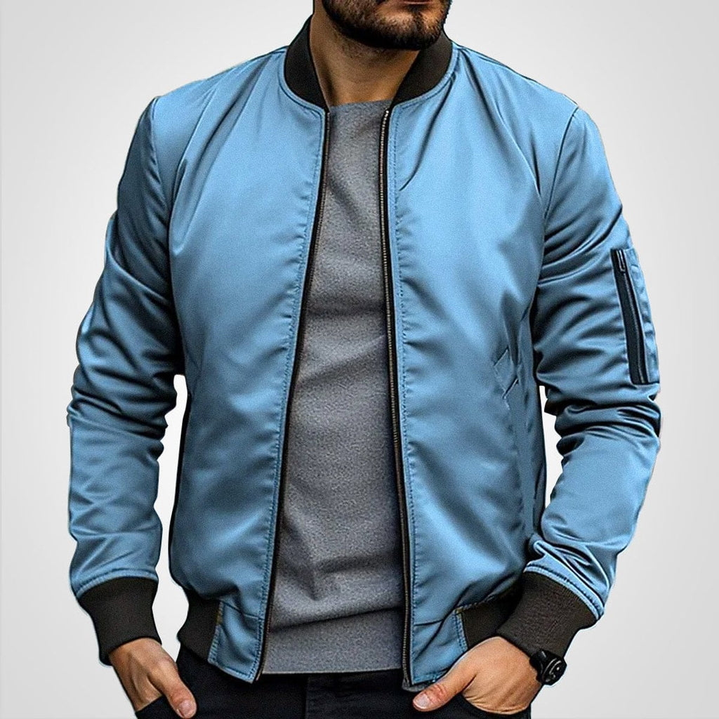 men's slim fit zip-up bomber jacket in blue