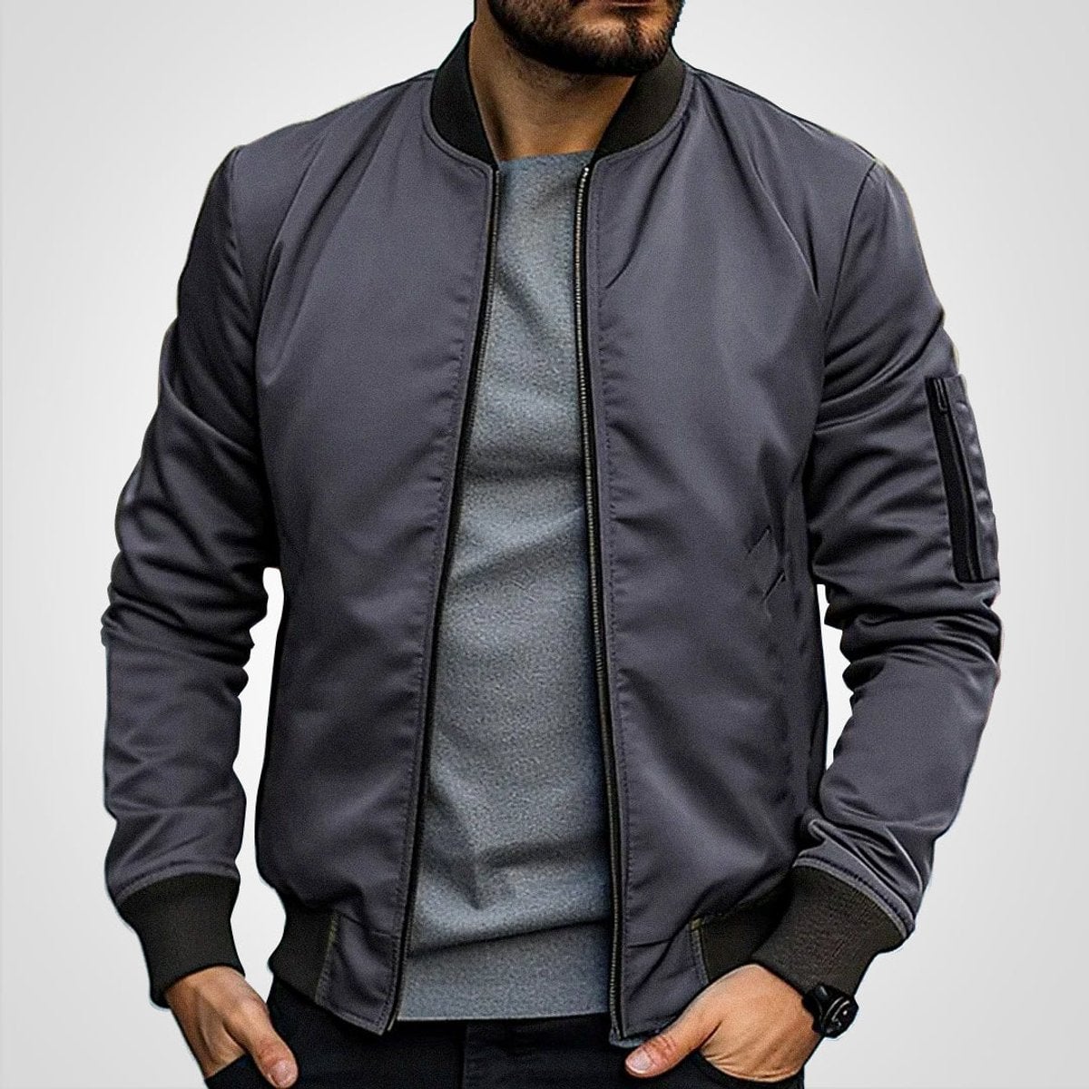 men's slim fit zip-up bomber jacket in dark gray