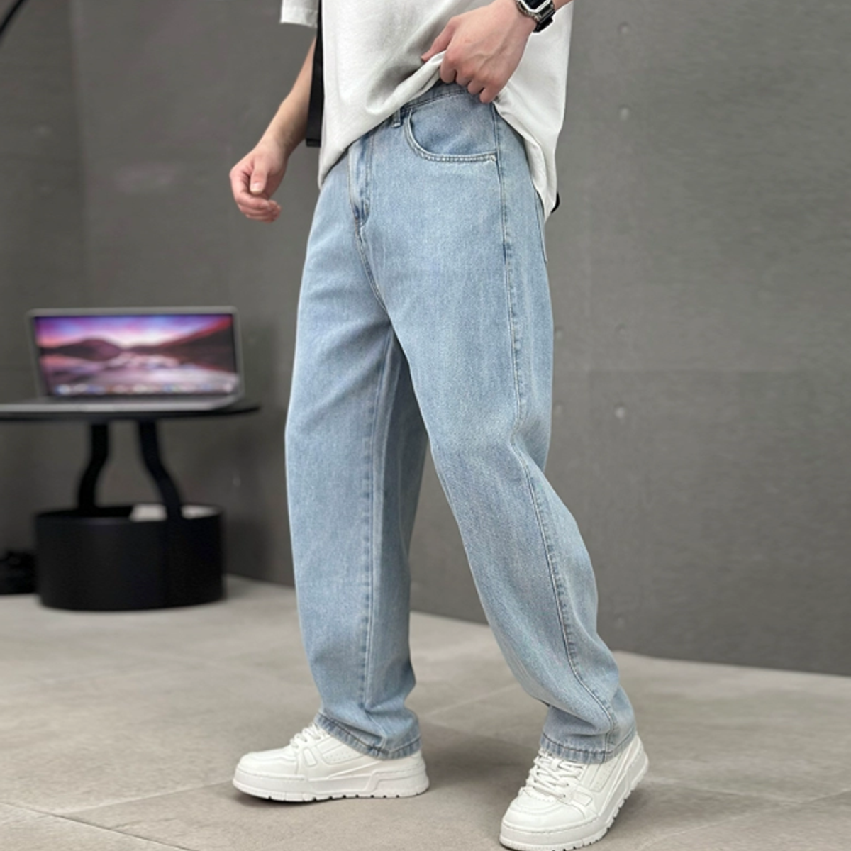 men's straight leg jeans in light blue