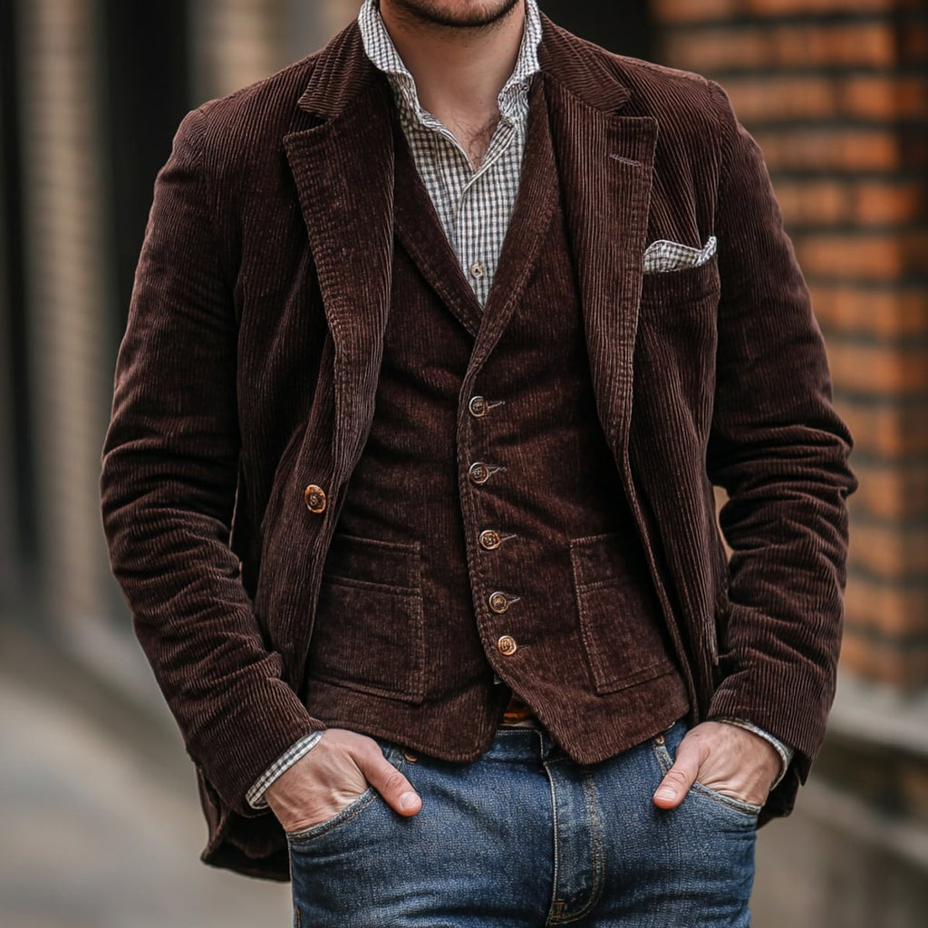 men's vintage blazer and waistcoat set in brown