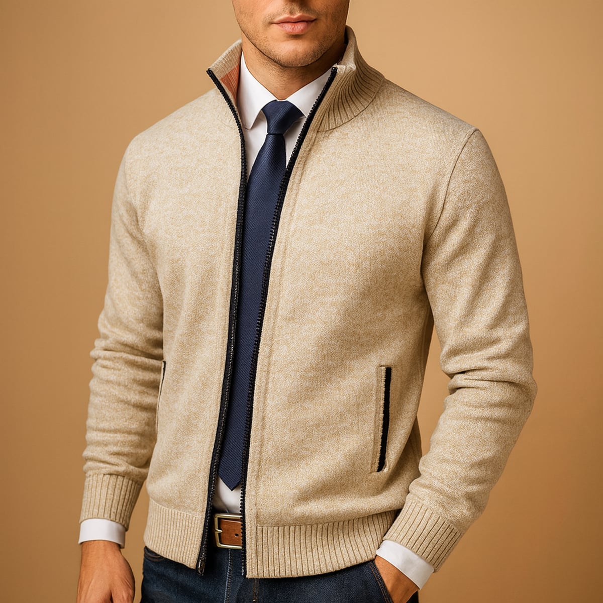 men's zip-up knit cardigan in beige