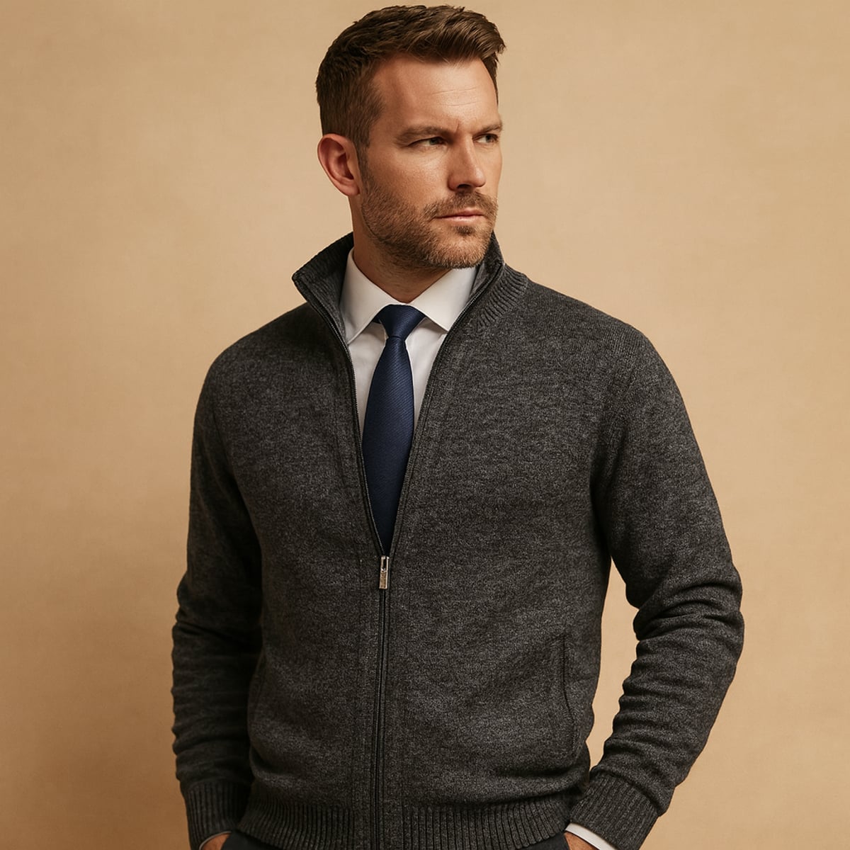 men's zip-up knit cardigan in dark gray