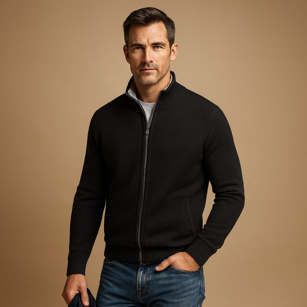 men's zip-up knit cardigan in black