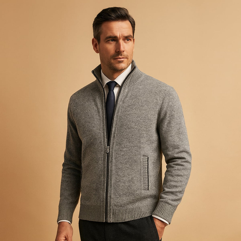 men's zip-up knit cardigan in light gray