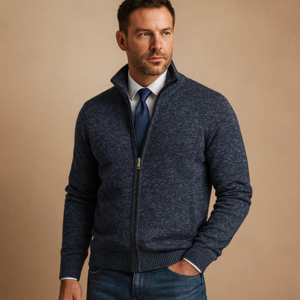 men's zip-up knit cardigan in navy blue