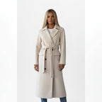 women's belted double-breasted long coat in cream