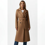 women's belted double-breasted long coat in camel
