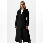 women's belted double-breasted long coat in black