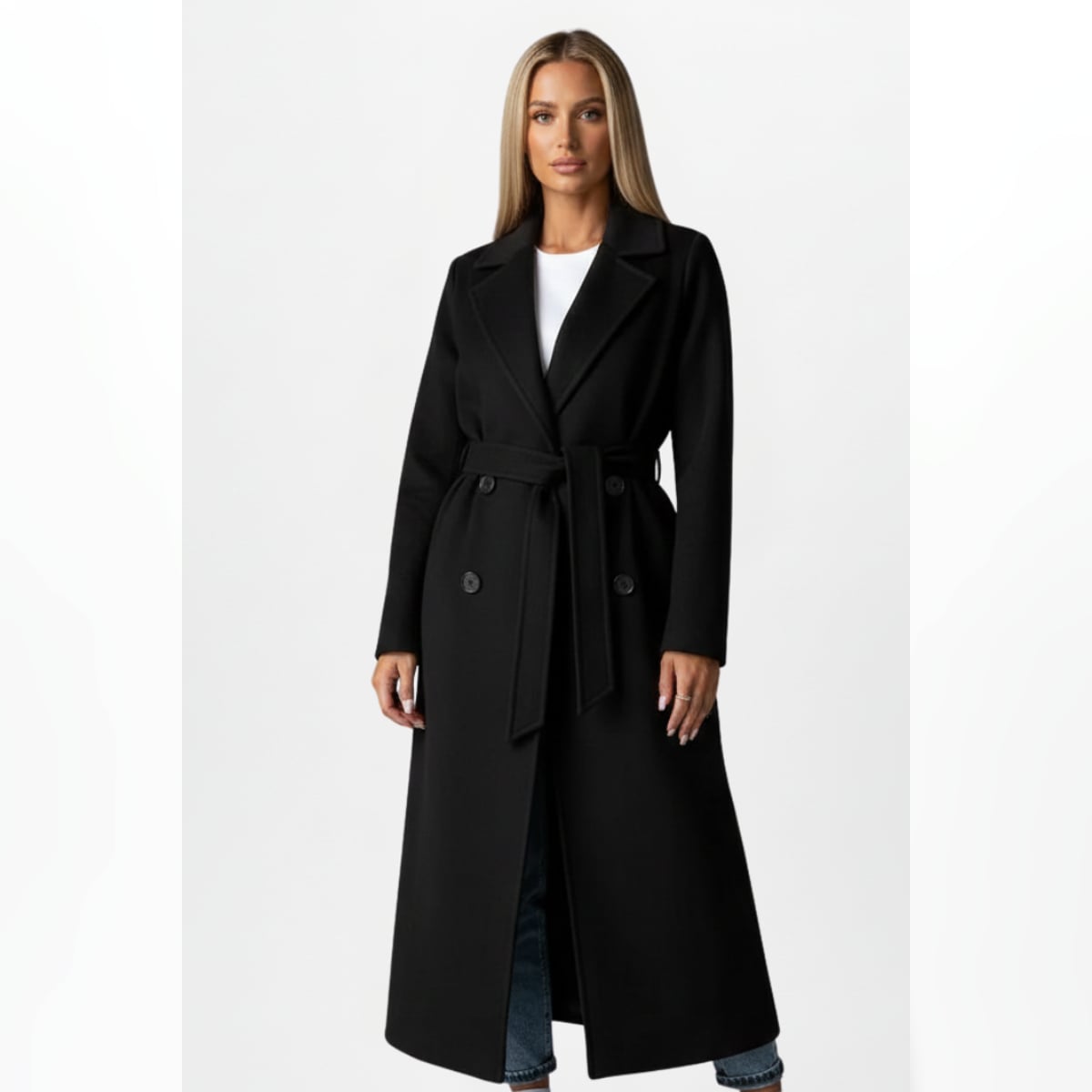 women's belted double-breasted long coat in black