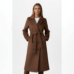women's belted double-breasted long coat in brown