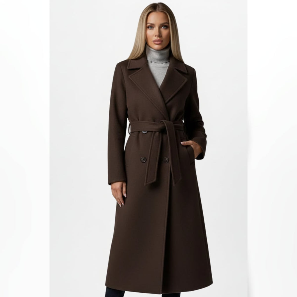 women's belted double-breasted long coat in chocolate brown