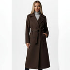 women's belted double-breasted long coat in chocolate brown