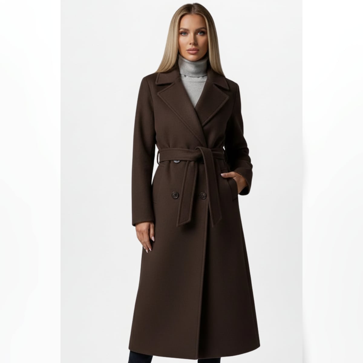 women's belted double-breasted long coat in chocolate brown