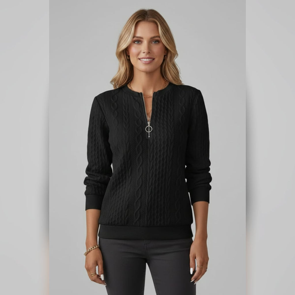 women's cable knit zip neck jumper in black