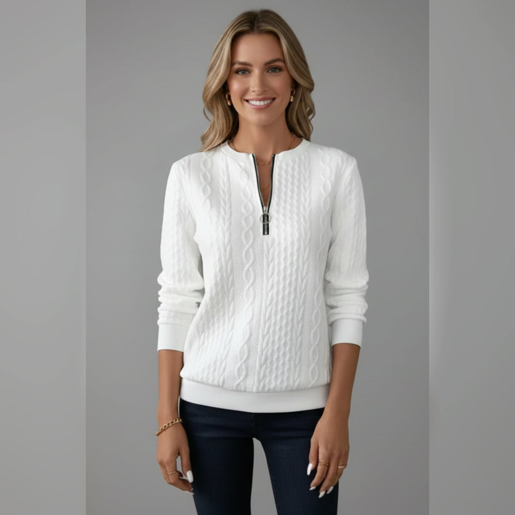 women's cable knit zip neck jumper in white