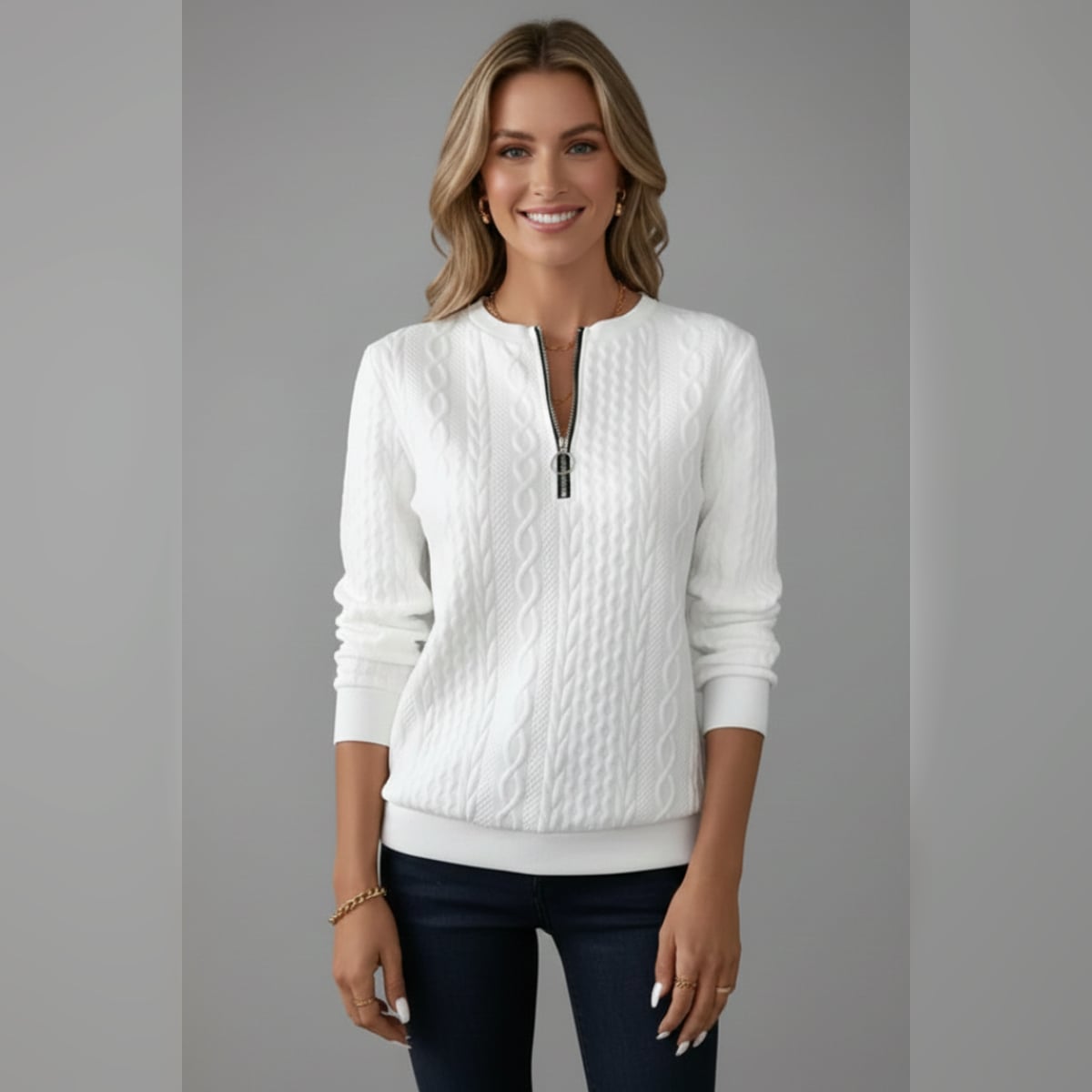 women's cable knit zip neck jumper in white