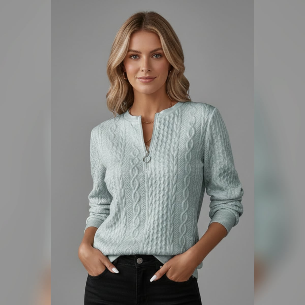 women's cable knit zip neck jumper in gray