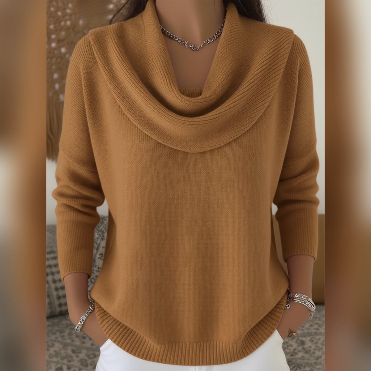 women's cowl neck relaxed knit sweater in camel