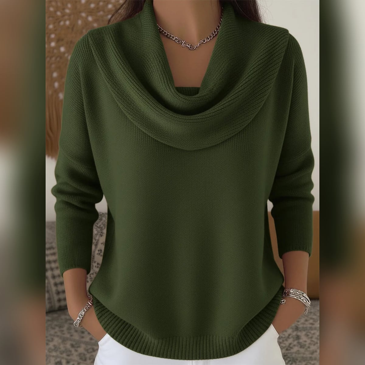 women's cowl neck relaxed knit sweater in pine