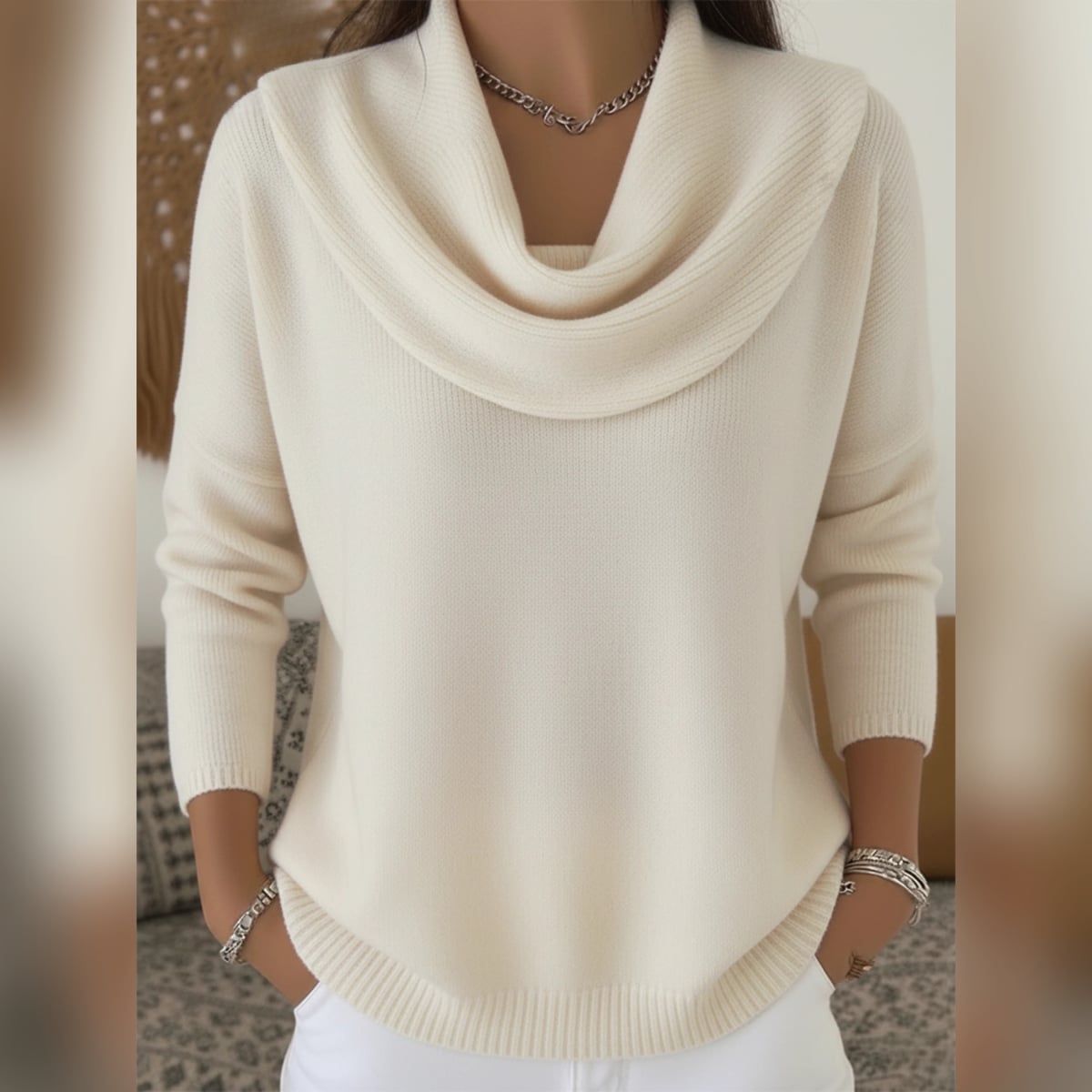 women's cowl neck relaxed knit sweater in beige