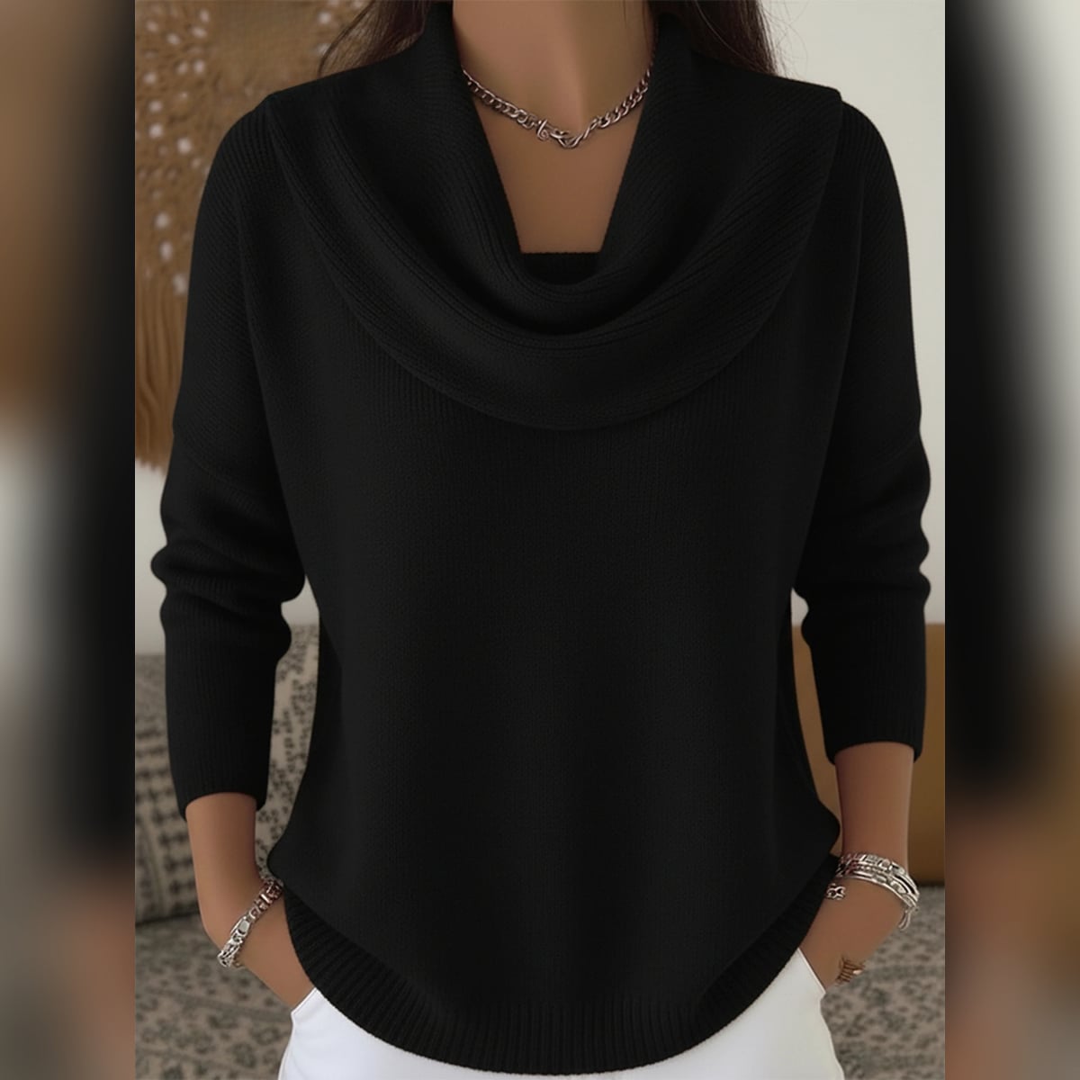 women's cowl neck relaxed knit sweater in black