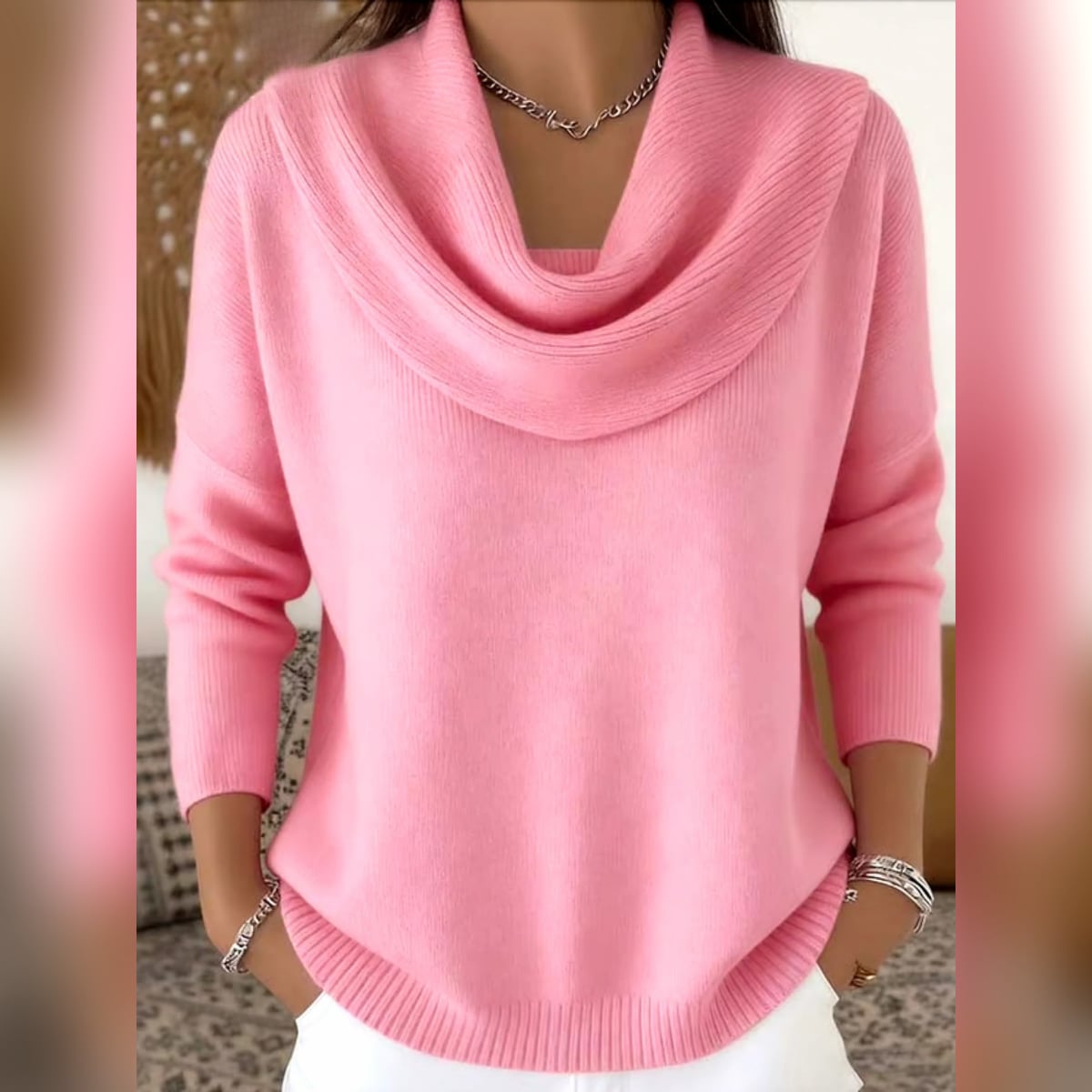 women's cowl neck relaxed knit sweater in pink