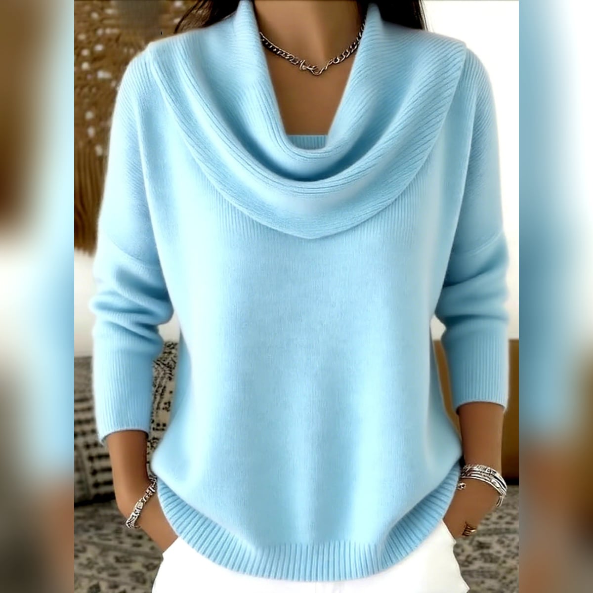 women's cowl neck relaxed knit sweater in blue