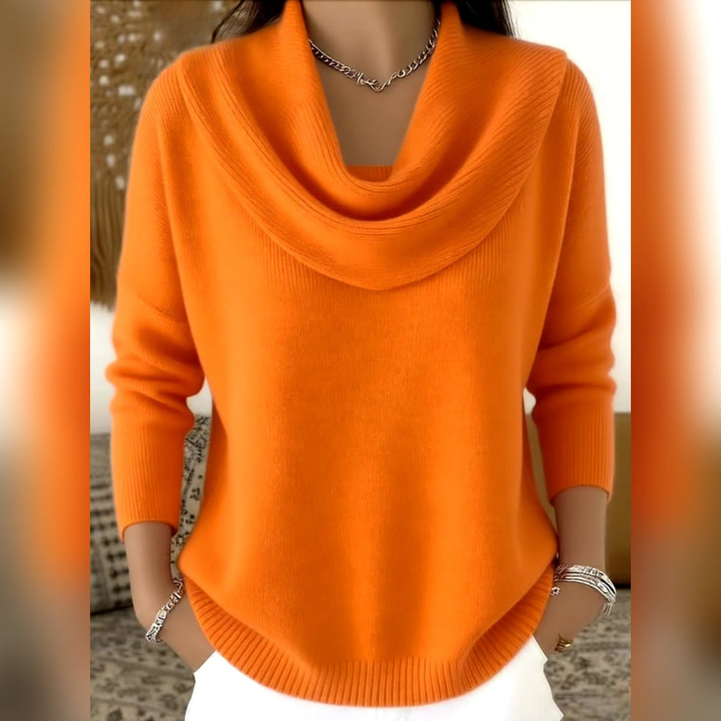 women's cowl neck relaxed knit sweater in orange